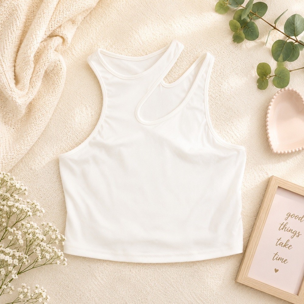 Cider White Ribbed Cutout Crop Top Tank Sleeveless Asymmetric Neck M NWT